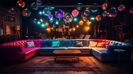 Party room with colorful lights for parties. interior design concept - obrazy, fototapety, plakaty