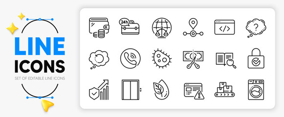 Seo script, Internet warning and Lift line icons set for app include Washing machine, Search text, Magistrates court outline thin icon. Password encryption, Cut tax. Vector