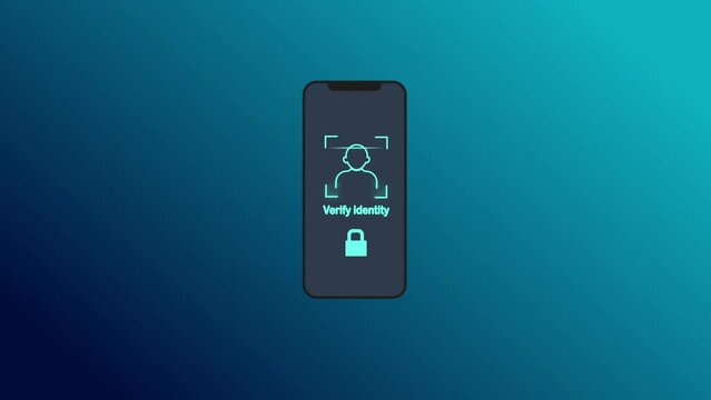 Black Mobile phone and face recognition icon isolated on blue background. Face identification scanner icon. Facial id. Cyber security. 4K Video motion graphic animation.