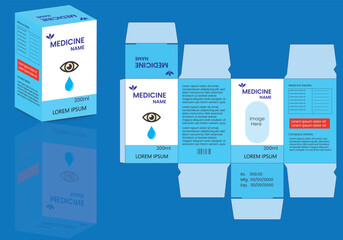 Medicine Box design. Package Design. Box packaging die cut template design. Packaging template for medicine, eye drop. 