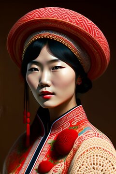 A Portrait beautiful Chinese woman with red white dot mushrooms hat wearing a crochet sweater by ernst haeckel