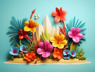 3d minimalistic Hawaian style bright colorful composition 