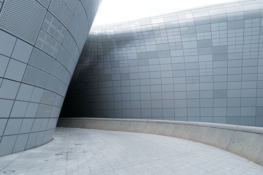 Exterior architecture and building design at 'DONGDAEMUN DESIGN PLAZA' major urban development landmark designed by Zaha Hadid and Samoo in neofuturistic style- Seoul, South Korea