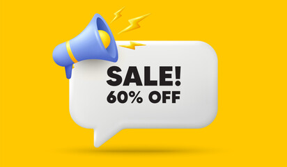 Sale 60 percent off discount. 3d speech bubble banner with megaphone. Promotion price offer sign. Retail badge symbol. Sale chat speech message. 3d offer talk box. Vector