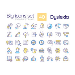 2D editable multicolor big line icons set representing dyslexia, isolated vector, linear illustration.