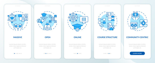 Fototapeta premium 2D icons representing MOOC mobile app screen set. Walkthrough 5 steps blue graphic instructions with simple thin linear icons concept, UI, UX, GUI template.