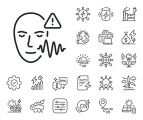Face scan sign. Energy, Co2 exhaust and solar panel outline icons. Voice wave line icon. Voice verification symbol. Voice wave line sign. Eco electric or wind power icon. Green planet. Vector