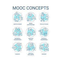 Set of 2D editable blue thin line icons representing MOOC, monochromatic isolated vector, linear illustration.