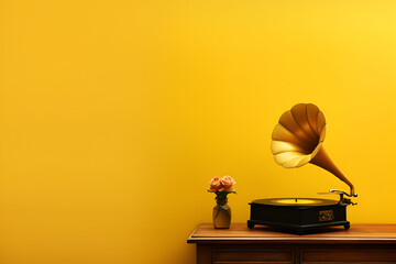 gramophone on yellow - obrazy, fototapety, plakaty