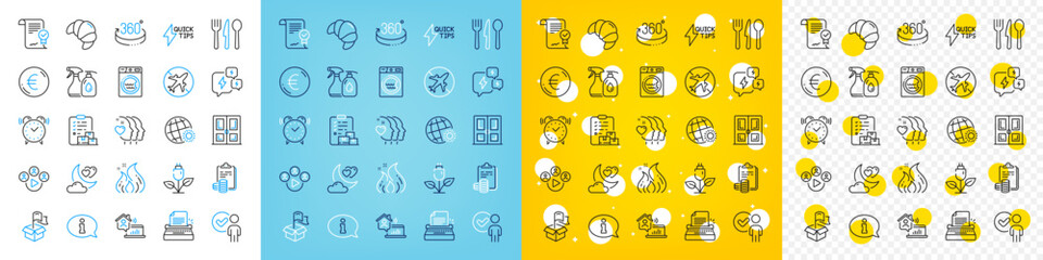 Vector icons set of 360 degrees, Approved agreement and Verification person line icons pack for web with Food, Friends couple, Alarm clock outline icon. Information, Euro money. Vector