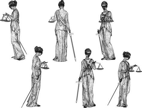 Vector sketch illustration of the design of a classical statue of the goddess of justice carrying a sword and scales