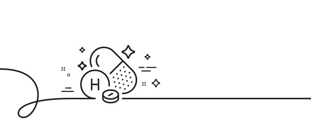 Vitamin H line icon. Continuous one line with curl. Biotin food nutrient sign. Capsule or pill supplement symbol. Vitamin H single outline ribbon. Loop curve pattern. Vector