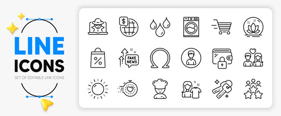 Waterproof, Timer and Omega line icons set for app include Person, Cooking chef, Delivery shopping outline thin icon. Keys, Clean shirt, Washing machine pictogram icon. Sun energy. Vector