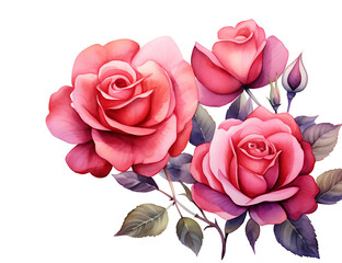 Watercolor red rose flowers on white background