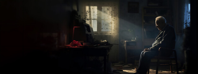 an elderly individual sitting alone in a dimly lit room, their face reflecting sadness and worry, while they hold an inhaler in their hand
