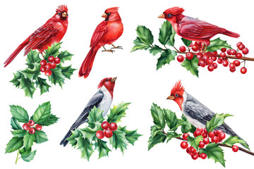 Obraz premium Watercolor birds set illustration. Red cardinal and holly branch, Hand Painted Illustration isolated on white background