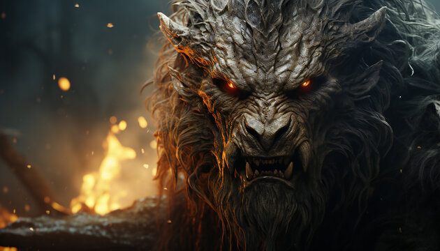 Terrorific recreation of a furious chimera, monstrous fire-breathing hybrid creature. Illustration AI