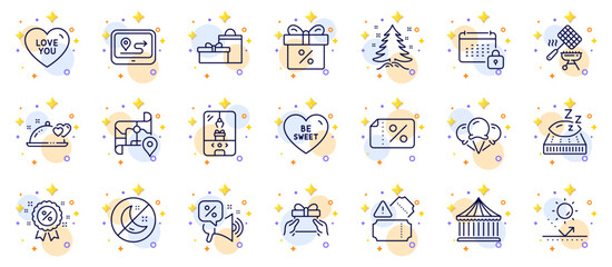 Fototapeta na wymiar Outline set of Love you, Discounts offer and Crane claw machine line icons for web app. Include Give present, Be sweet, Gps pictogram icons. Discount banner, Romantic dinner, Calendar signs. Vector