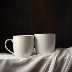 Two white mugs on an elegant dark background 