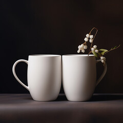 two white mugs on a elegant dark background 