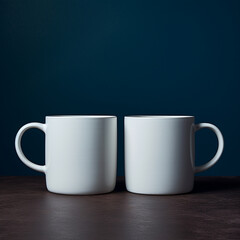 Two white mugs on an elegant dark background 