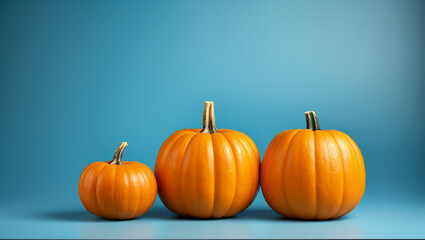 Autumn décor. Still life of three pumpkins. Halloween pumpkins. Comfort. Blue background. Copy space