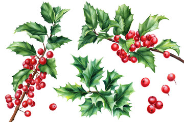 Watercolor holly set. Watercolor flora element for design. Holly twigs, berries and leaves isolated on white background.