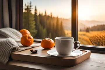 cup of coffee and pumpkin on table in window and beautiful sunrise view from window generated by AI tool