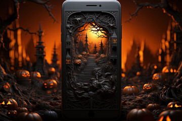 Halloween phone blank screen mockup for banner sales and app design template in 3D illustration  - obrazy, fototapety, plakaty