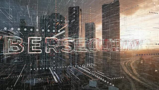 Cyber Security animation logo with aerial skyline of modern smart city at sunset 