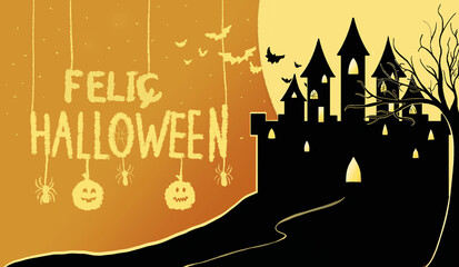 Happy Halloween in Catalan text with spiders and pumpkins hanging. Halloween background bats flying in orange sky with castle on top of mountain and moon in background.