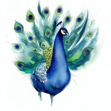 Beautiful colorful watercolor painting of a peacock generative AI design.	