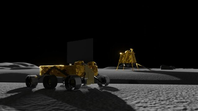 3D animation of the Pragyan Lunar rover with its lander in the background