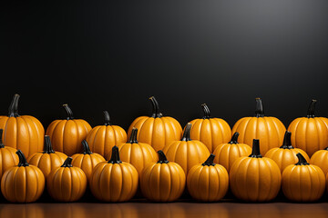 Autumn Orange Pumpkins on Wooden Board and Copy Space with black Background. Halloween and Thanksgiving Concept