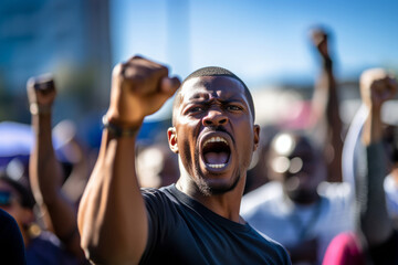 A determined African American man among the crowd, angry, proud and confident, fighting and protesting with raised fists against racism, for justice and equality - Black Lives Matter