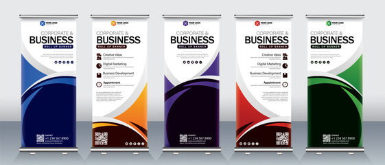 Roll up banner design for business events, presentations and for marketing in print ready blue, orange, red, green, purple colors