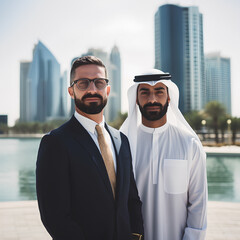 Two businessmen standing on a street in Dubai