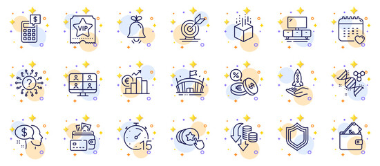Outline set of Augmented reality, Hold heart and Deflation line icons for web app. Include Healthcare calendar, Video conference, Arena pictogram icons. Money, Calculator, Wallet signs. Vector