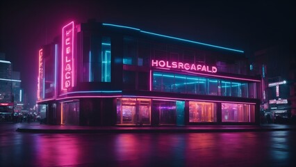 Holographic Neon building in a dark background.