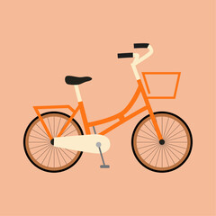 Vector illustration of side view of orange color classic ladies bicycle with front basket on light orange background.
