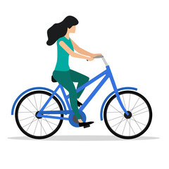Flat vector illustration of side view of a woman riding bicycle on white background.
