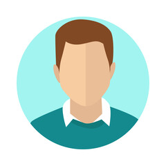 Flat illustration of a faceless young male profile on blue background.
