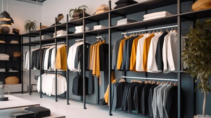 Luxury clothes in the shop, fashionable men's clothing store with a stylish interior design in shopping mall, Selling a variety of clothing and apparel. - obrazy, fototapety, plakaty