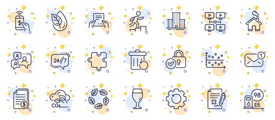 Fototapeta na wymiar Outline set of Home, 24h service and University campus line icons for web app. Include Dot plot, Leader run, Video conference pictogram icons. Organic tested, Support chat, Reject file signs. Vector