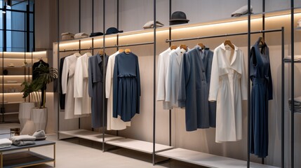 Interior of Modern clothing boutique at department store, Showcasing a variety of fashionable garments for sale.
