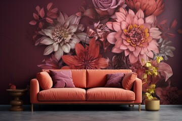Luxurious flower-patterned wallpaper in rich shades for covers and prints. Generative AI
