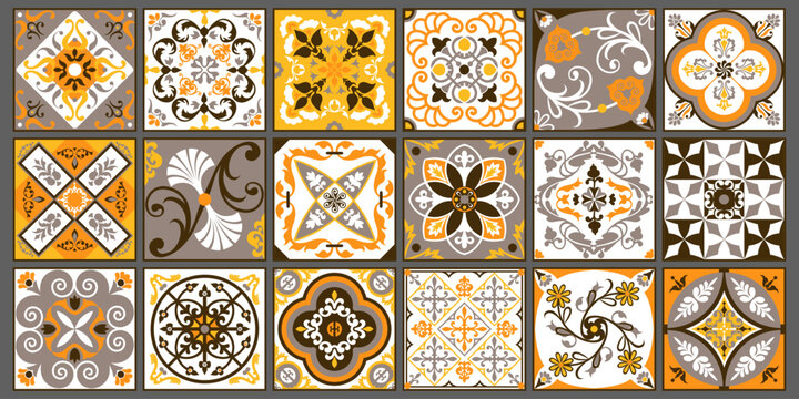 Traditional ornate Portuguese decorative colored azulejos tiles. Abstract background. Vector drawing illustration, typical Portuguese tiles, ceramic tiles. Seamless background.