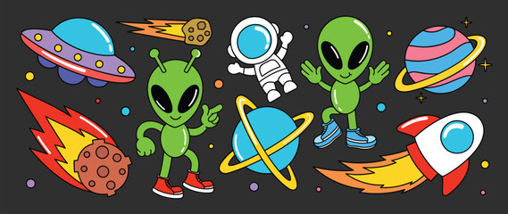 Set of 70s groovy element vector. Collection of cartoon character, doodle smile face, UFO, UAP, alien, spaceship, rocket, saturn, pilot. Cute retro groovy hippie design for decorative, sticker, kids. © TWINS DESIGN STUDIO
