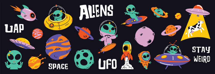 Set of 70s groovy element vector. Collection of cartoon character, doodle smile face, UFO, UAP, alien, spaceship, rocket, saturn, cow. Cute retro groovy hippie design for decorative, sticker, kids.
