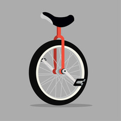 Flat vector illustration of side view of classic unicycle on light grey background.
